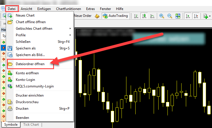 Ordner für den Indikator im MT4 öffnen