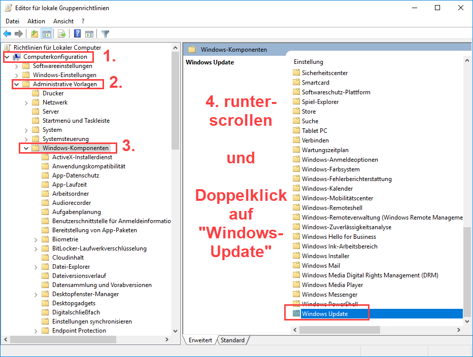 Windows Server 2016 Computerkonfiguration Ordner Windows Update auswaehlen