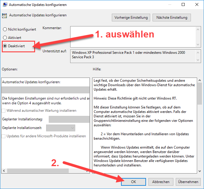 Windows Server 2016 Computerkonfiguration Windows automatische Updates deaktivieren