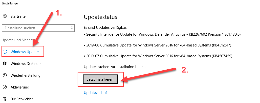 Windows Server 2016 automatische Updates manuell installieren