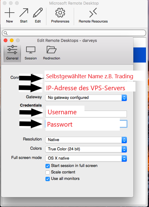 Anmeldung in Microsoft Remote Desktop App auf Apple MacOS