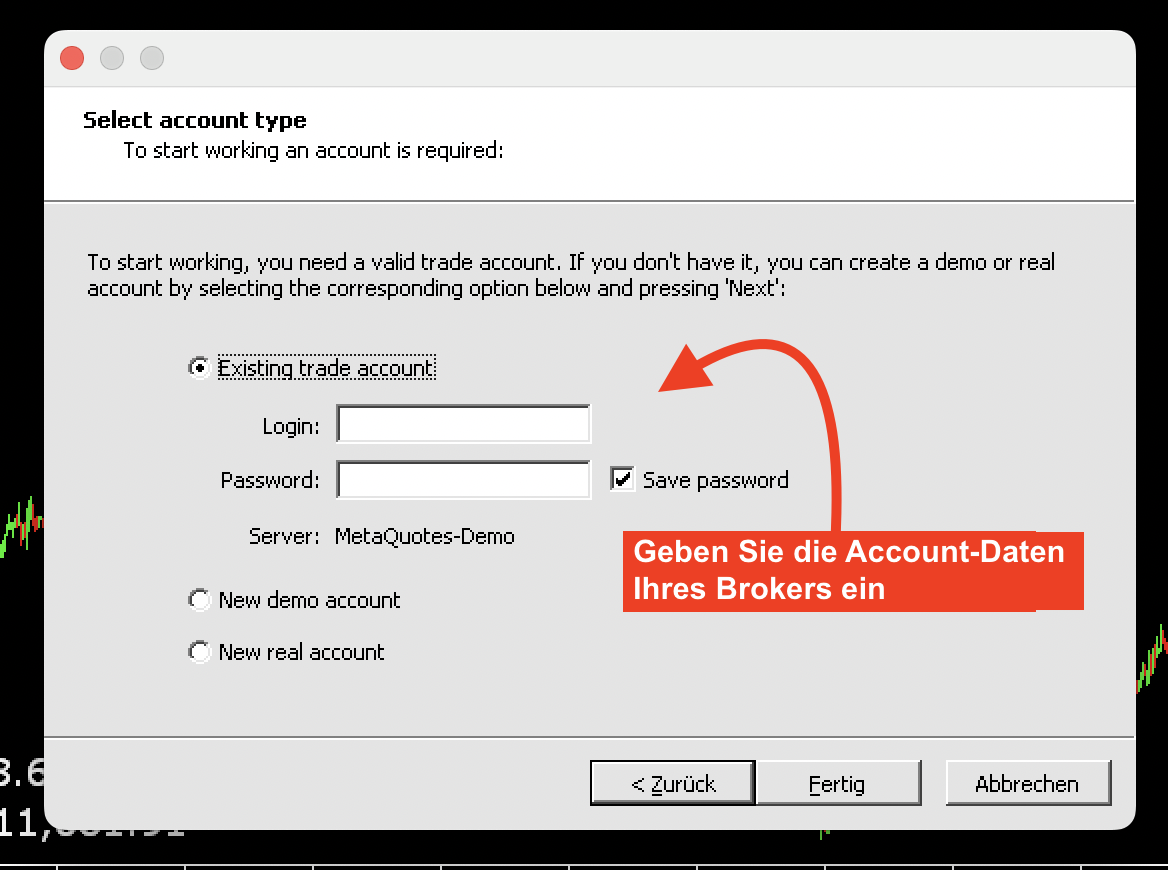 Anmeldefenster des MetaTrader 4 (MT4) fuer Apple MacOS