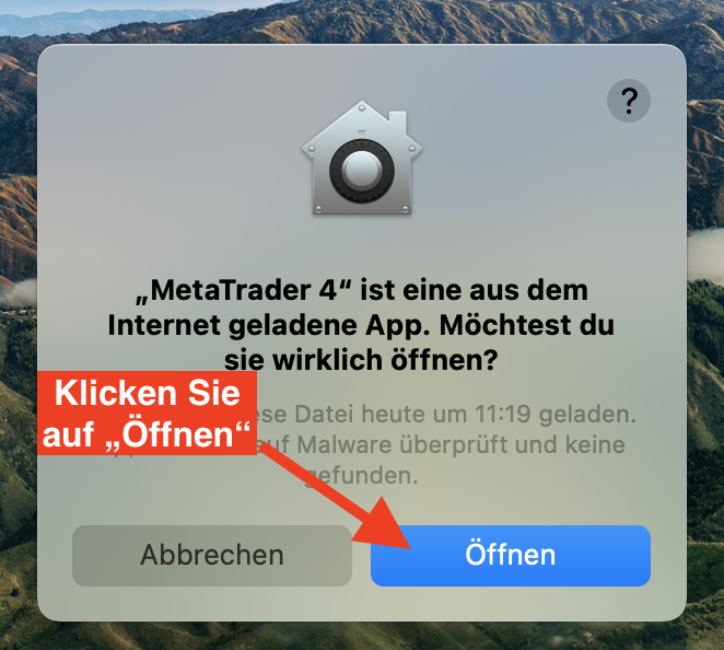 Bestaetigung des Apple MacOS Sicherheitshinweises fuer den MetaTrader 4