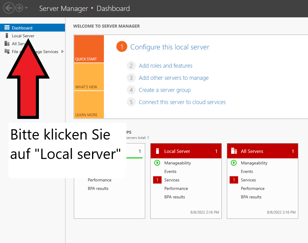 Im Server Manager des VPS Servers auf Local Server klicken