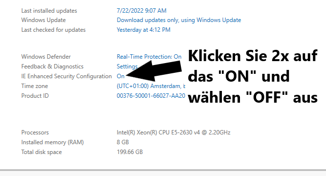 Ausschalten der IE Enhanced Security auf dem VPS Server