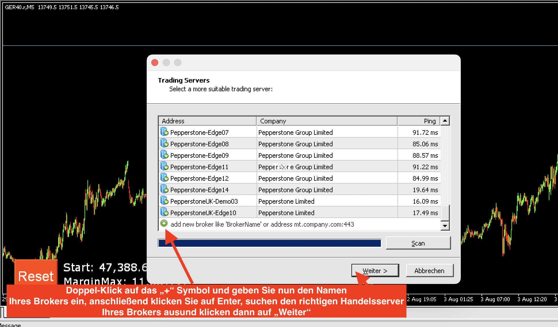 Auswahl des Handelssystems des Brokers auf dem MetaTrader 4