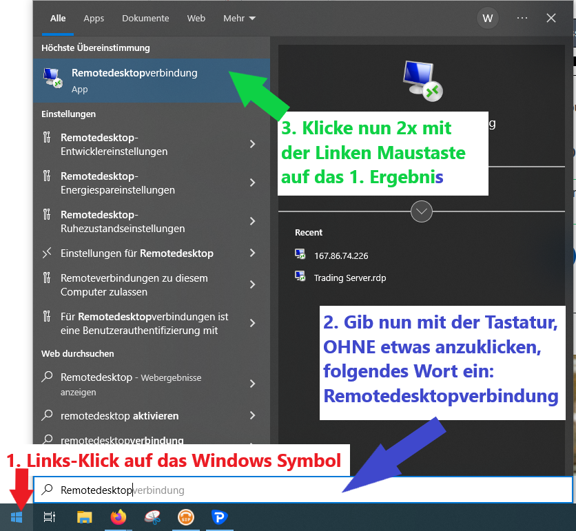 Oeffnen der Remotedesktopverbindung um sich auf VPS Server anzumelden